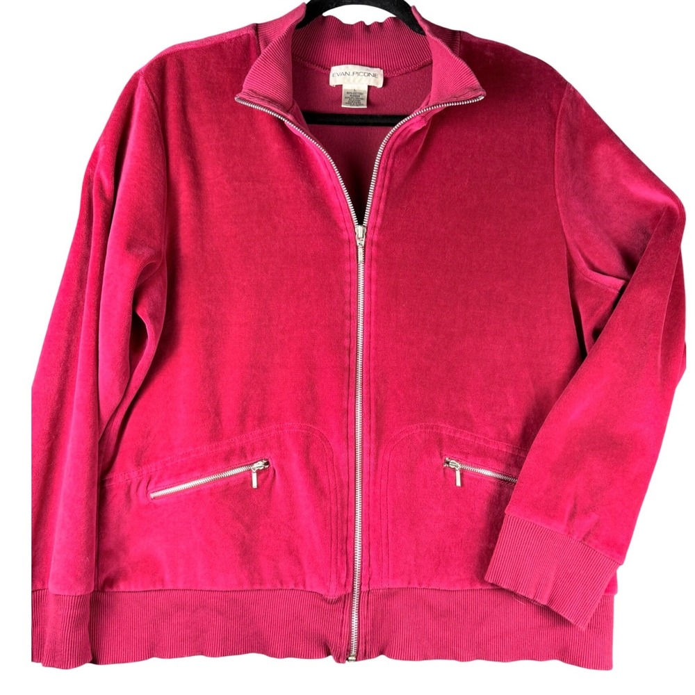 Vintage Evan-Picone Red Velour Full Zip Track Jacket Mock Neck Large Christmas